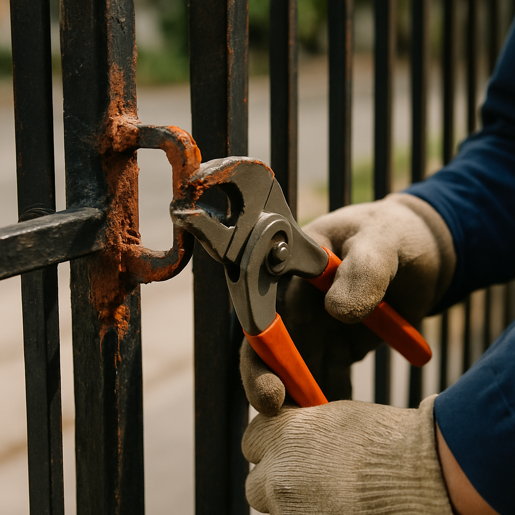 Gloved hands using pliers on rusted gate hook for repair