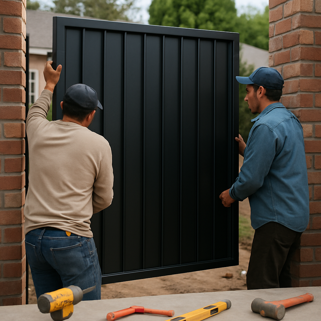 Professionals installing a black metal gate between brick pillars.