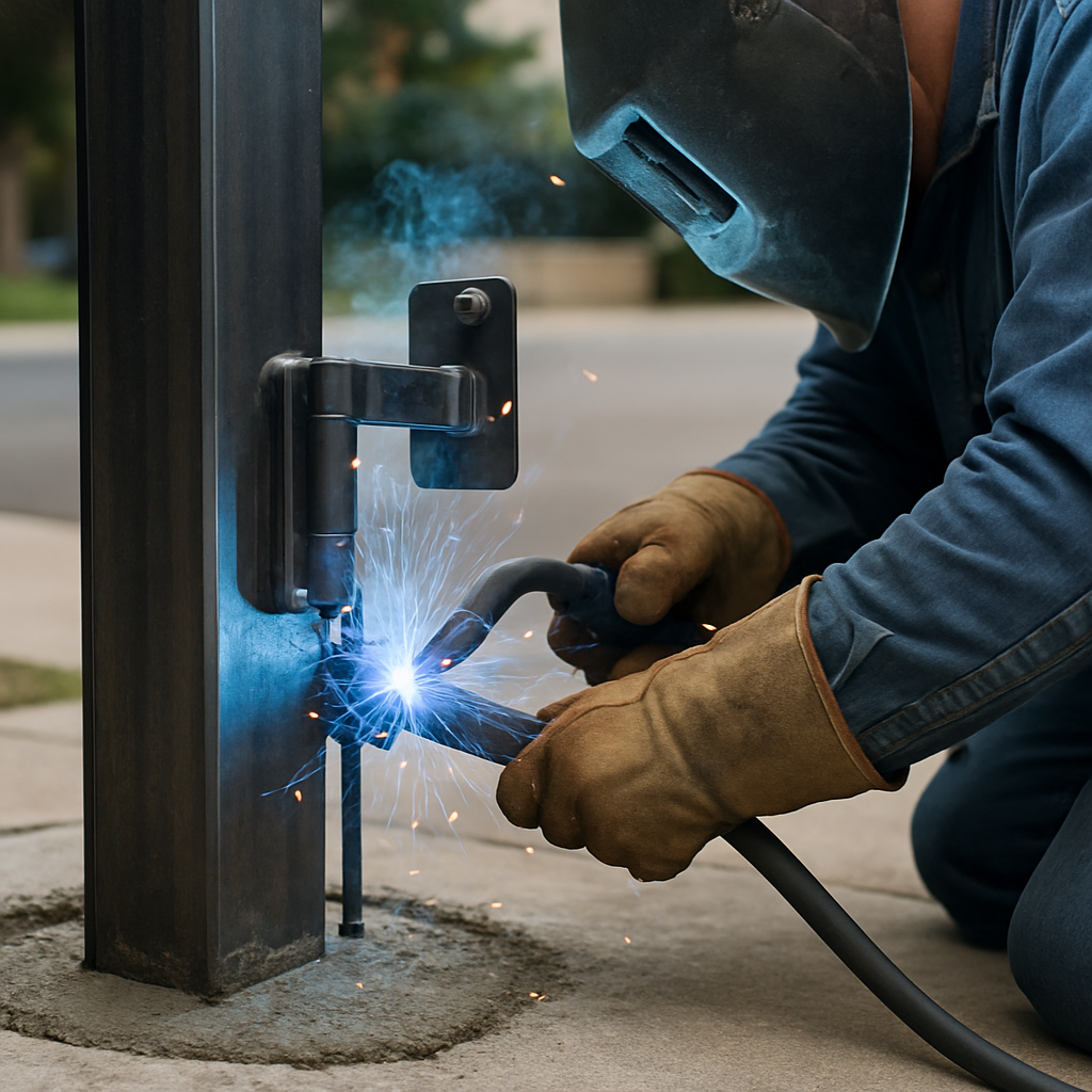Professional welder performing gate installation with sparks