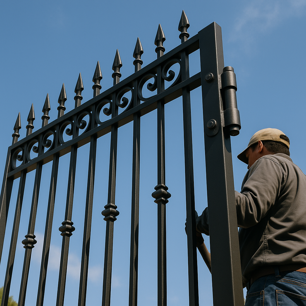Worker installs black metal gate, decorative ornamental fence, gate installation service