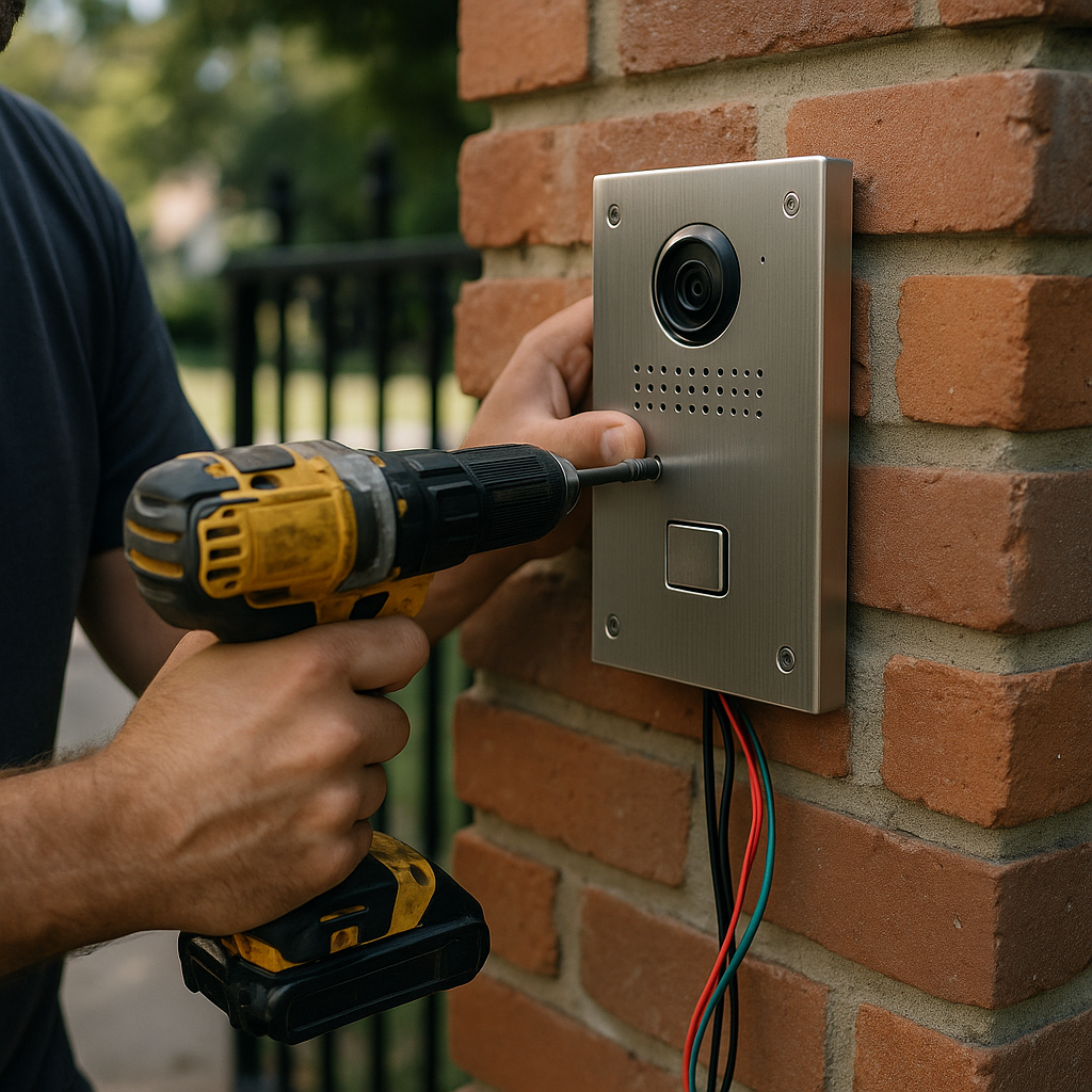 Professional installing gate access control intercom system with drill in Pasadena, CA