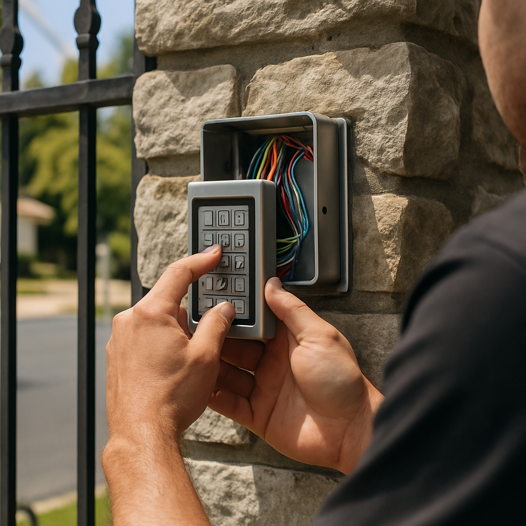 Gate access control installation on stone pillar by technician in Pasadena, CA