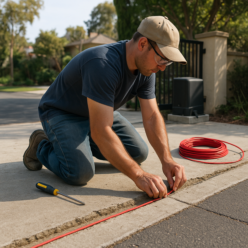 Gate access control installation with red wire and tools. in Pasadena, CA