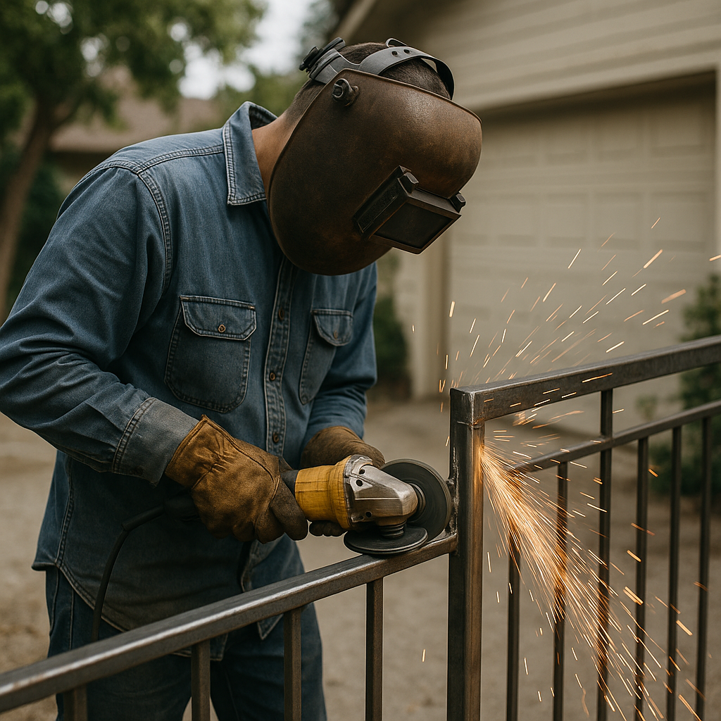 Welder grinding metal gate with sparks flying. in Pasadena, CA