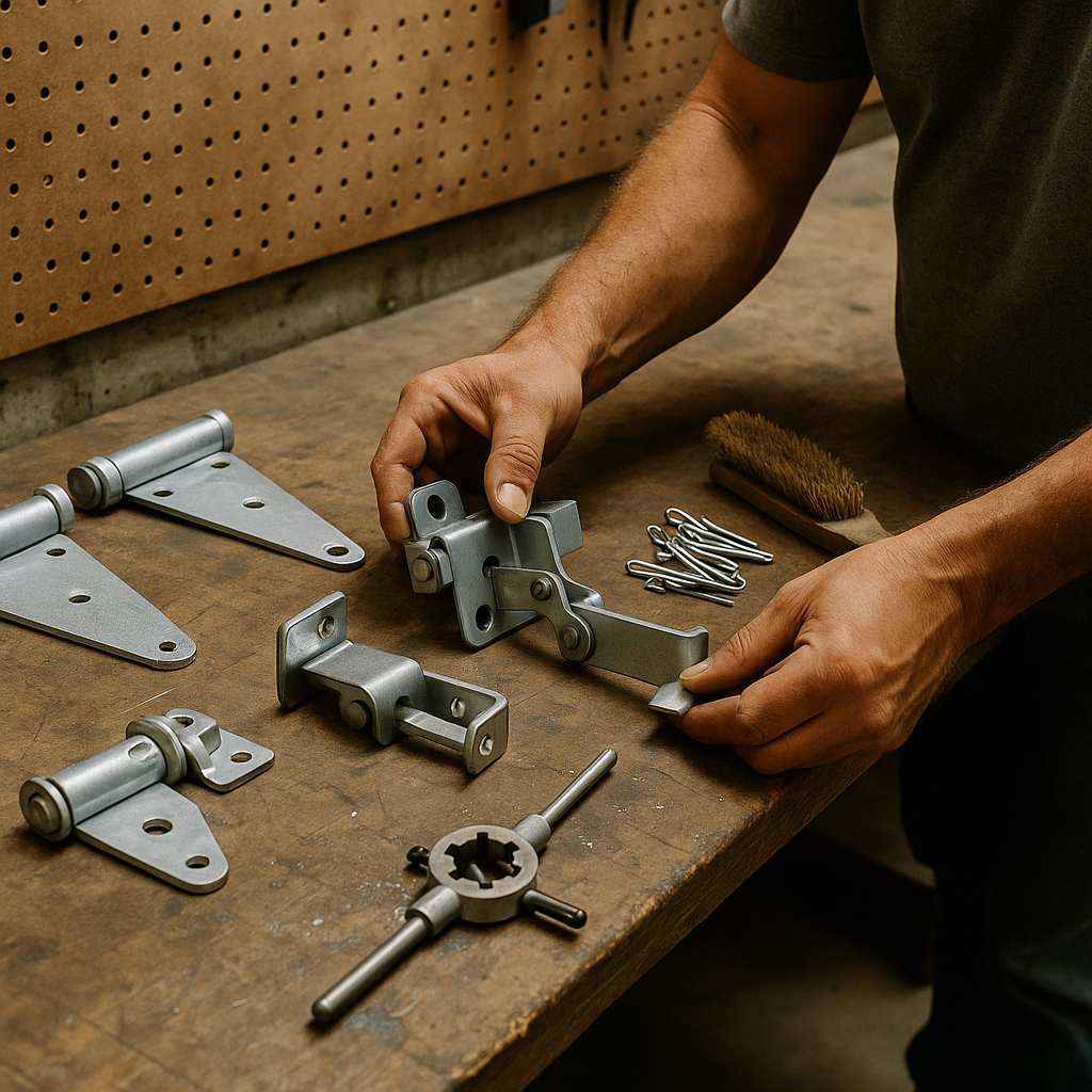 Gate parts and welding equipment on a workbench in Pasadena, CA